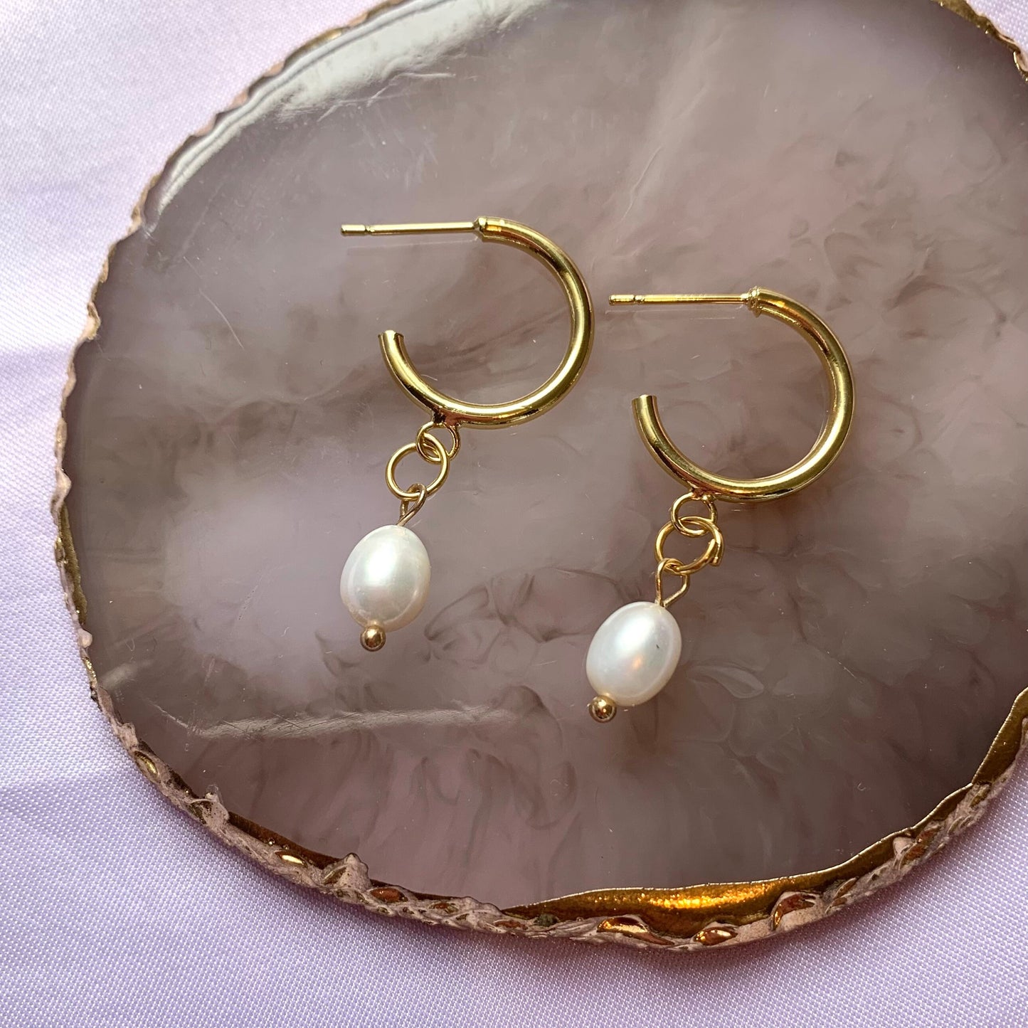 Gold plated half hoop stud freshwater pearl earrings