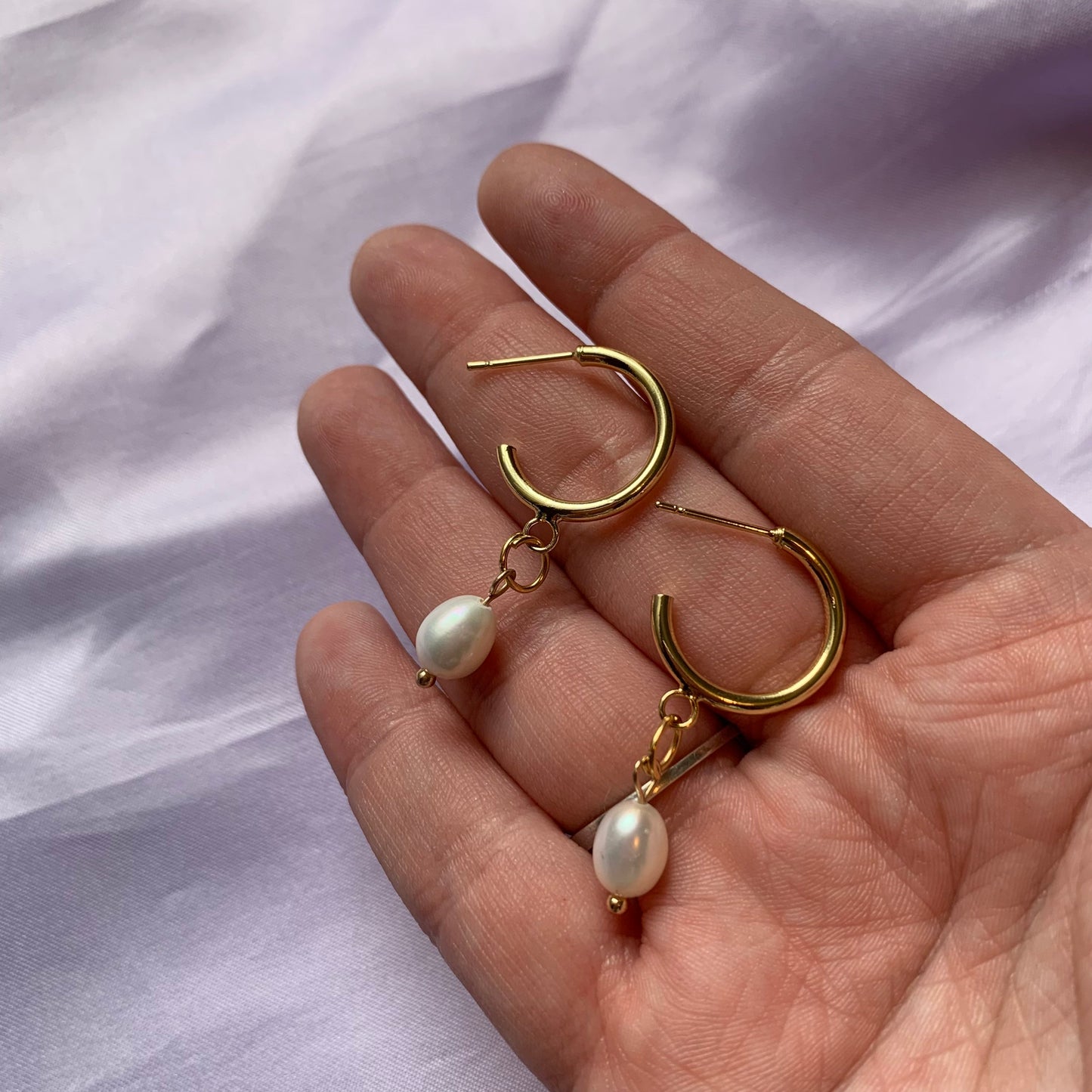 Gold plated half hoop stud freshwater pearl earrings