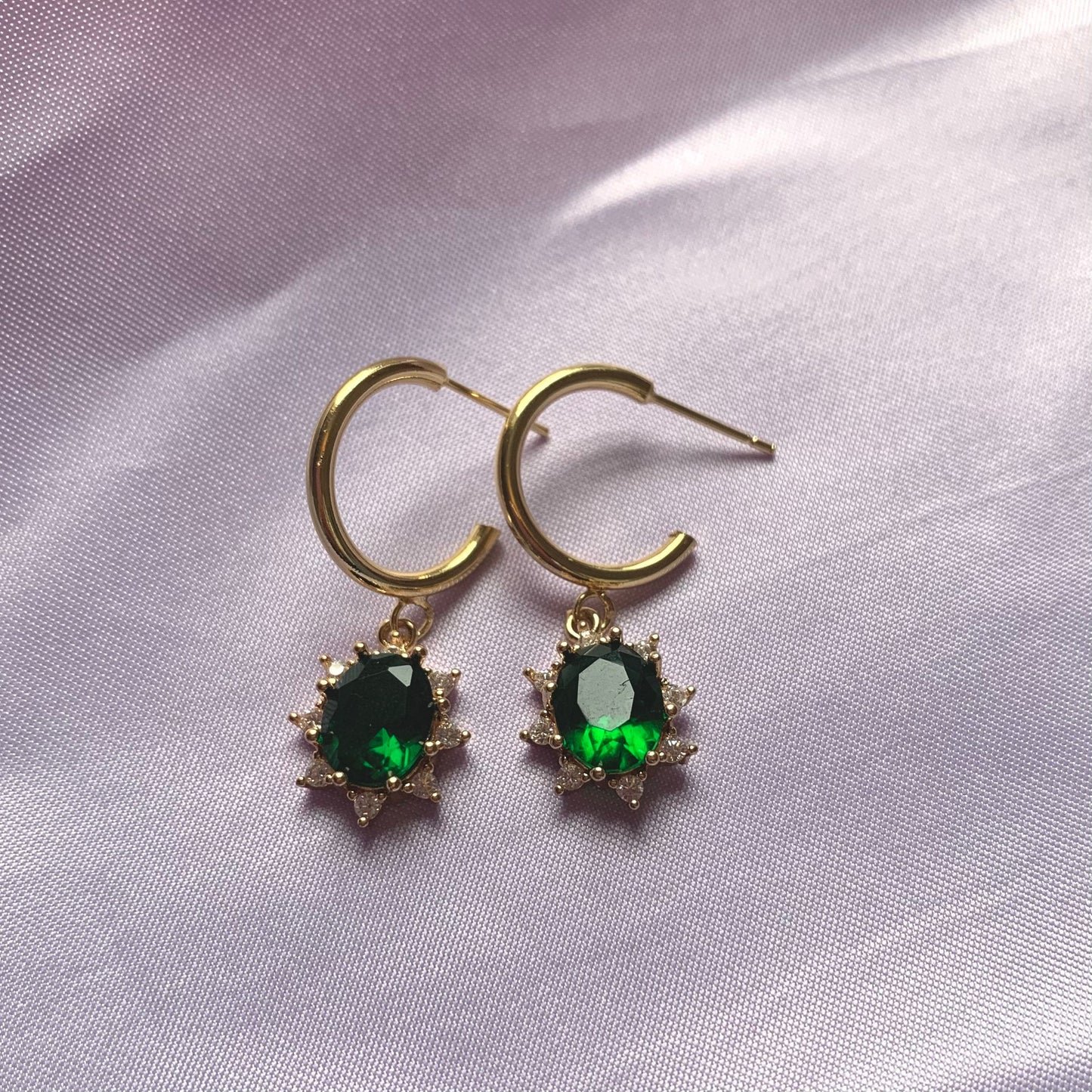 Gorgeous gold plated oval green crystal handmade drop dangle half hoop stud earrings, necklace or jewellery set/gift