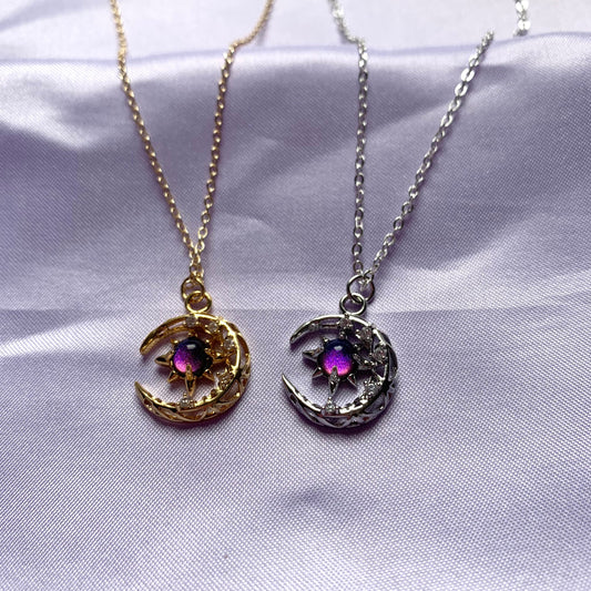Silver or gold plated celestial moon with gemstone centre 18 inch necklace