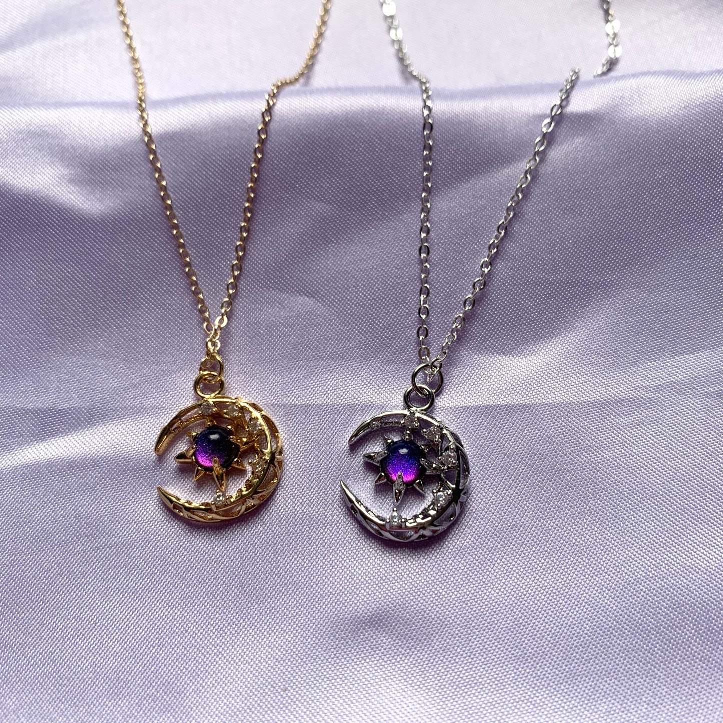 Silver or gold plated celestial moon with gemstone centre 18 inch necklace