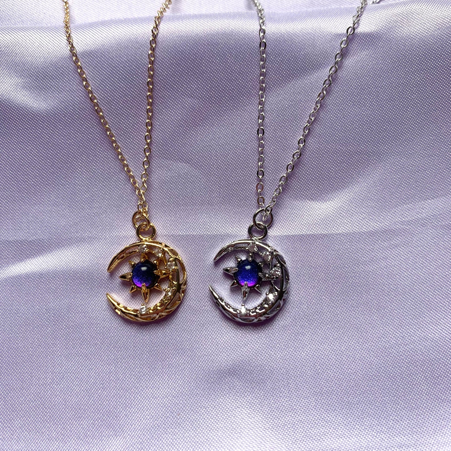 Silver or gold plated celestial moon with gemstone centre 18 inch necklace