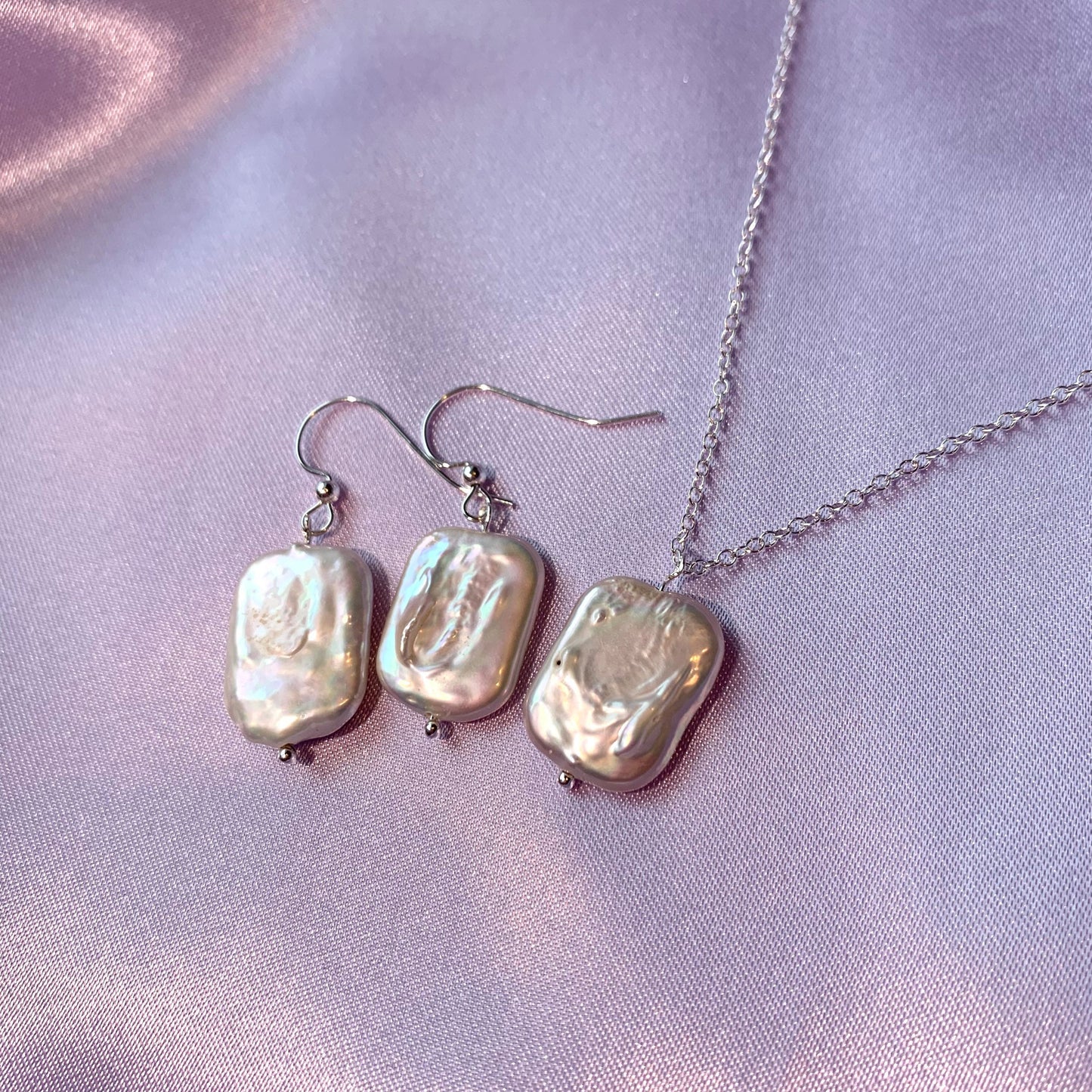 Large nucleated rectangular freshwater pearl sterling silver or 14k gold filled earrings and necklace