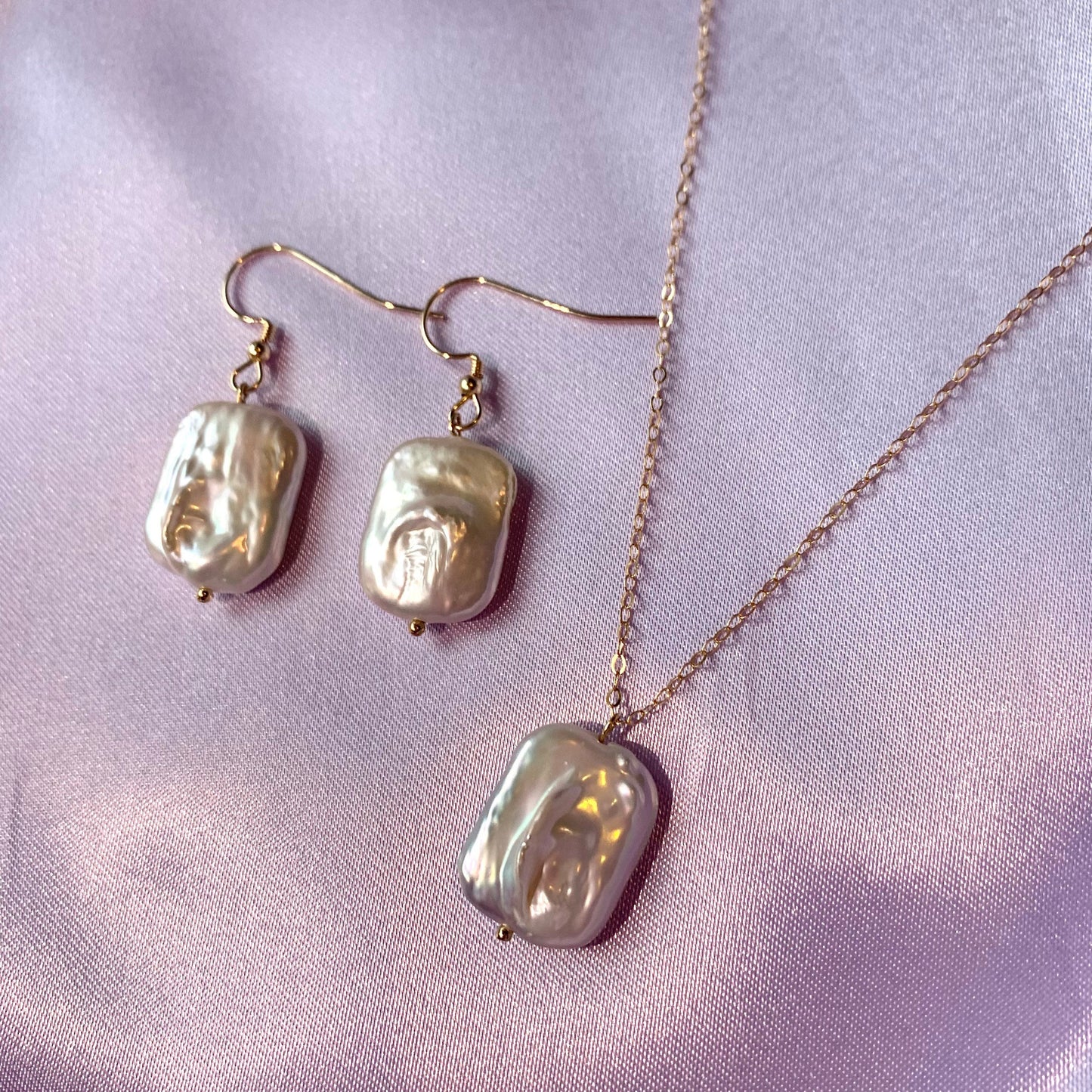 Large nucleated rectangular freshwater pearl sterling silver or 14k gold filled earrings and necklace