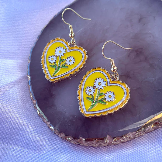 Yellow heart shape gold flower drop dangle earrings