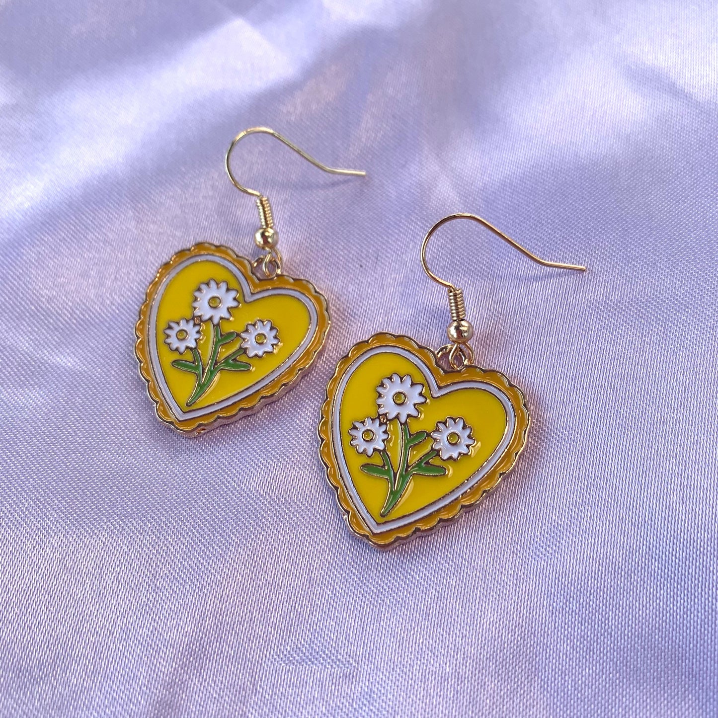 Yellow heart shape gold flower drop dangle earrings