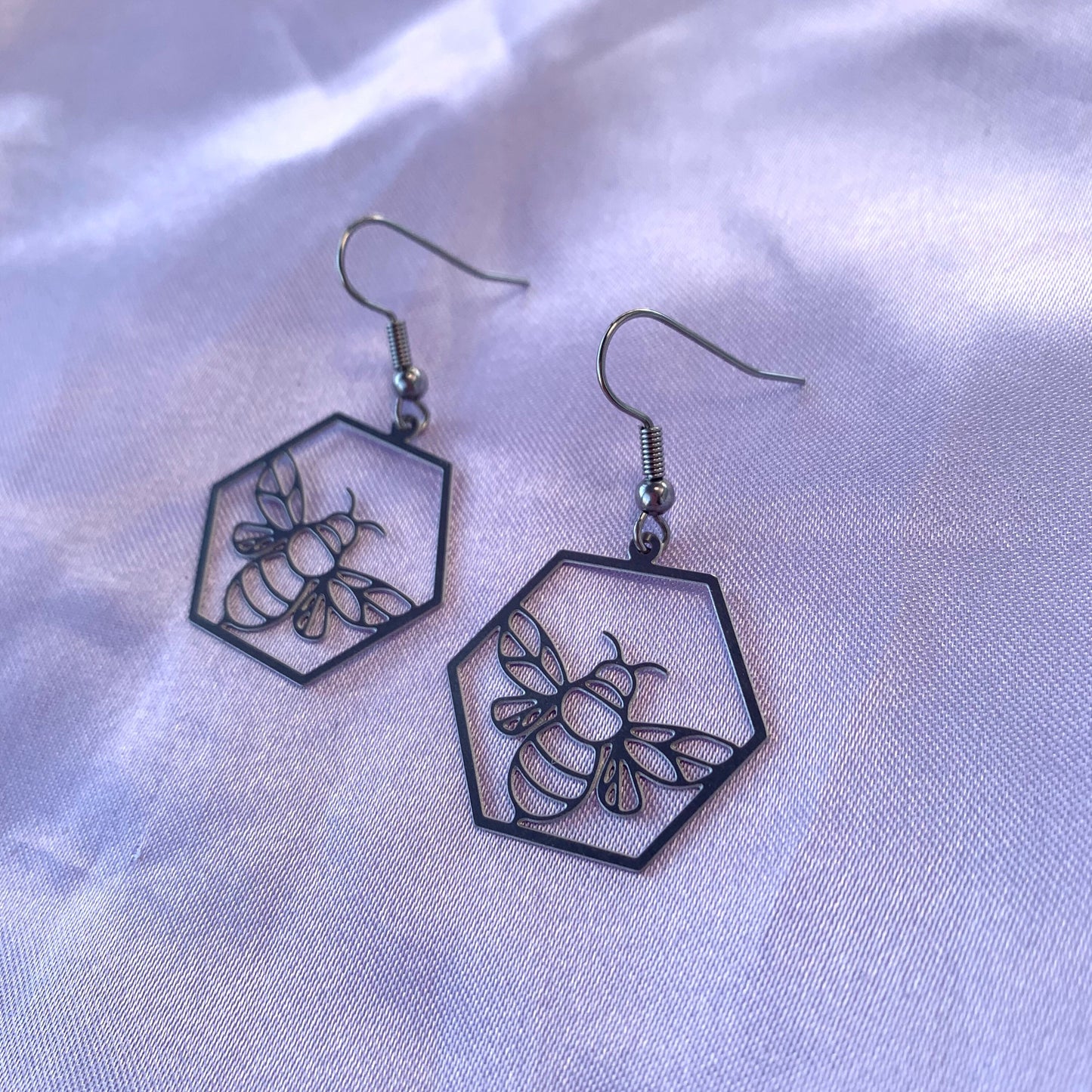 Stainless steel silver hexagon bee earrings