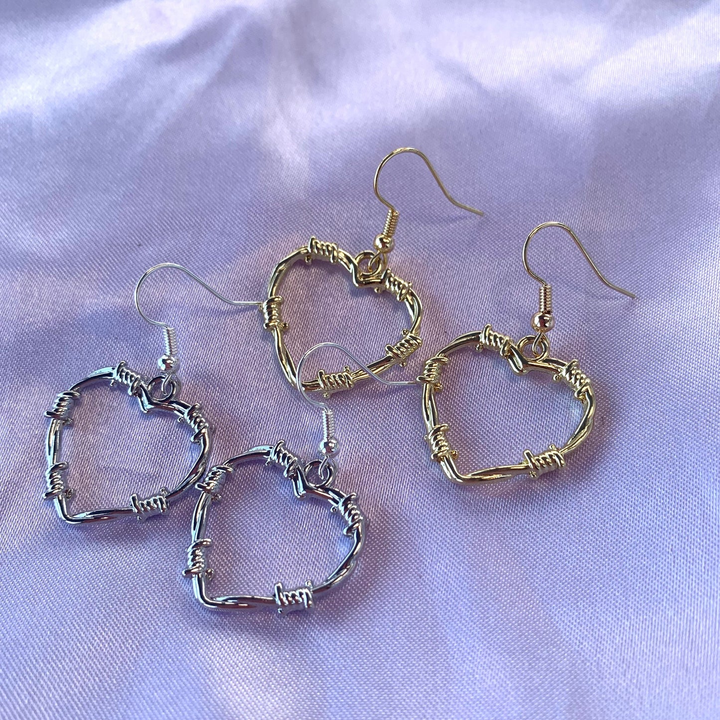 Silver or gold barb wire heart earrings