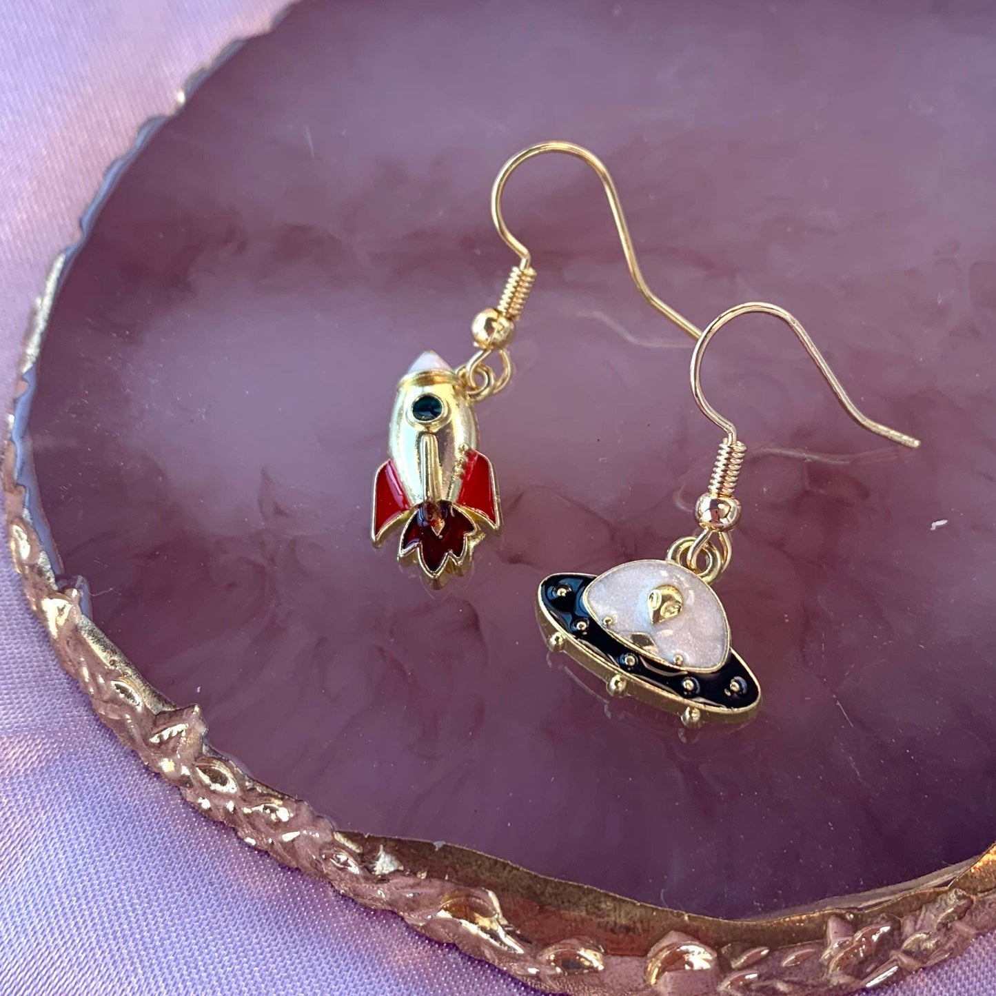 Space rocket and alien space ship gold dangle earrings