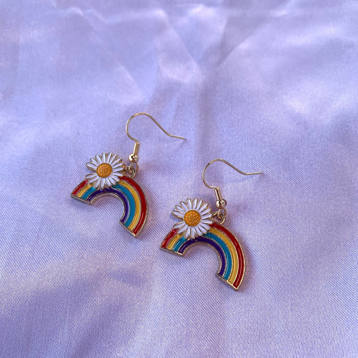 Gold rainbow with daisy flower dangle earrings