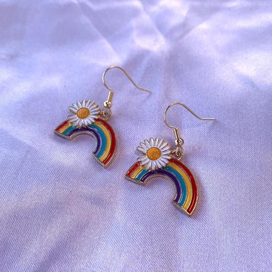 Gold rainbow with daisy flower dangle earrings