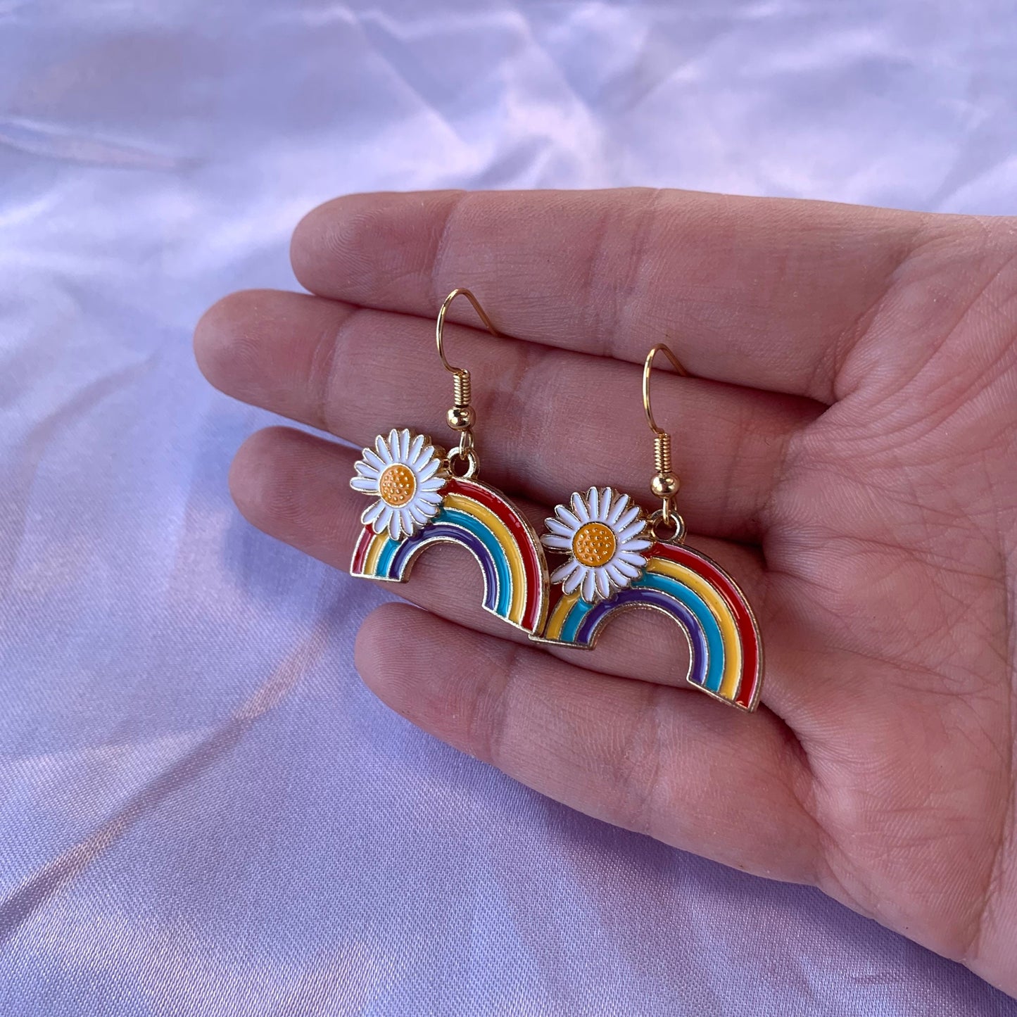 Gold rainbow with daisy flower dangle earrings