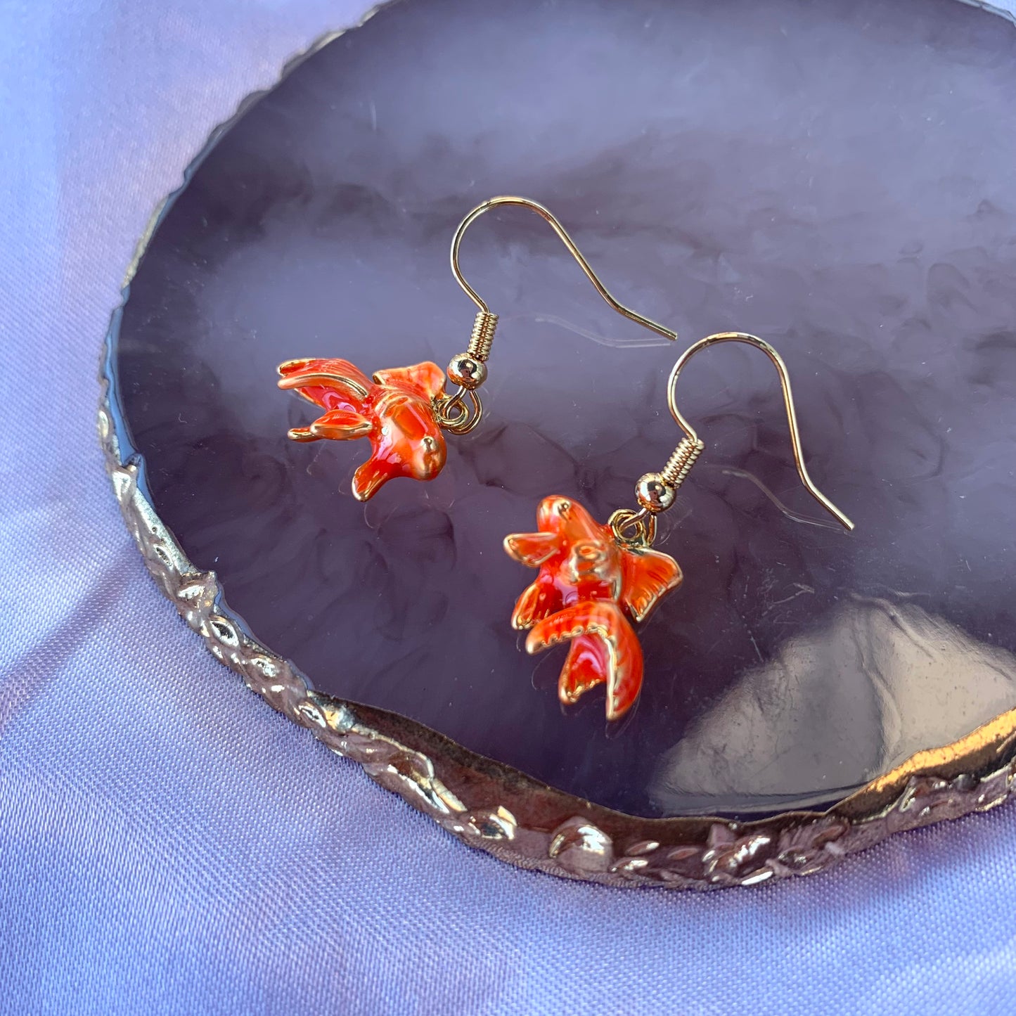 Orange 3D oranda fantail gold fish earrings