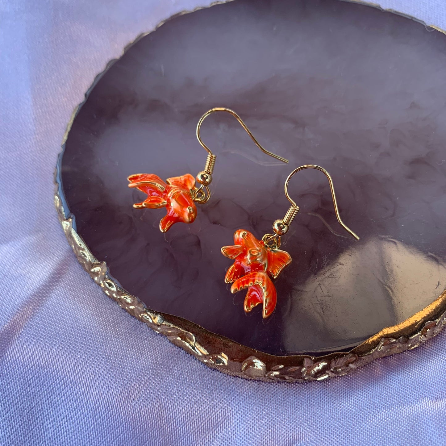 Orange 3D oranda fantail gold fish earrings