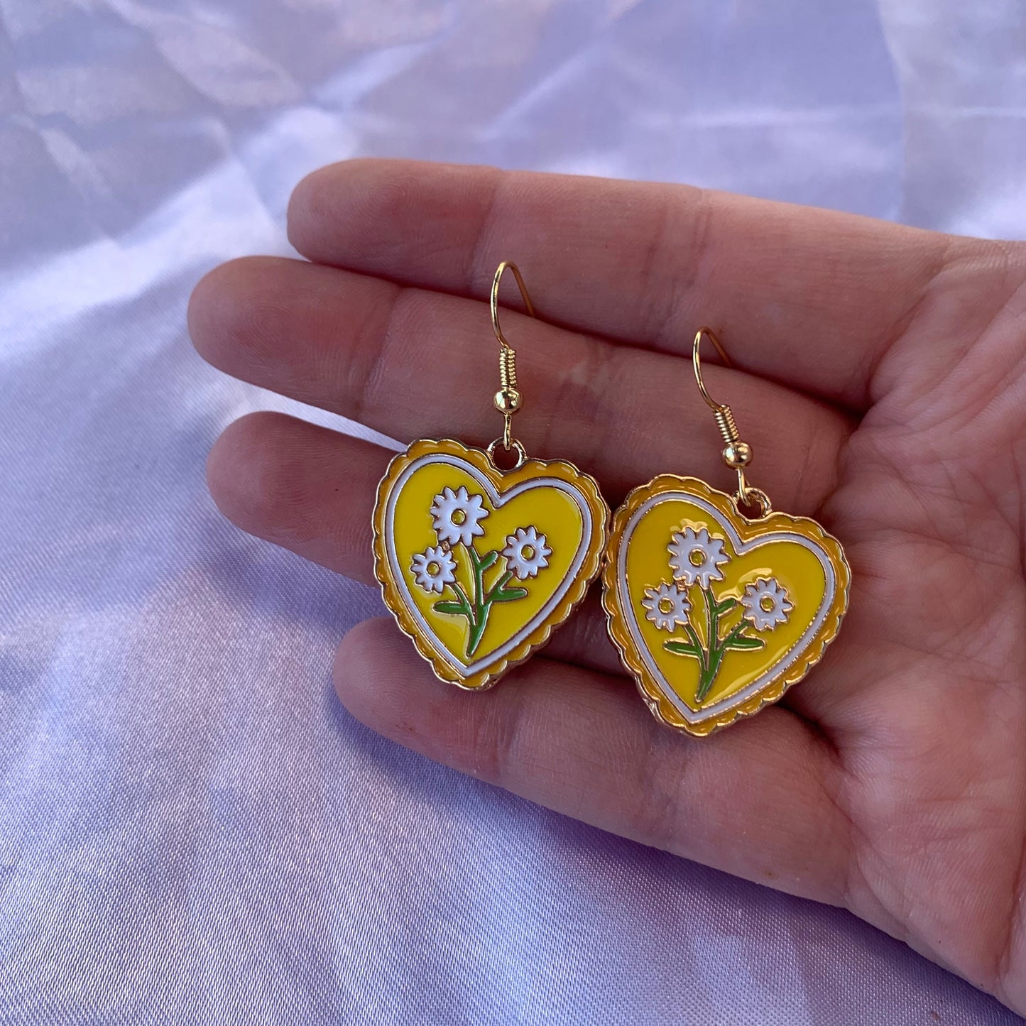 Yellow heart shape gold flower drop dangle earrings