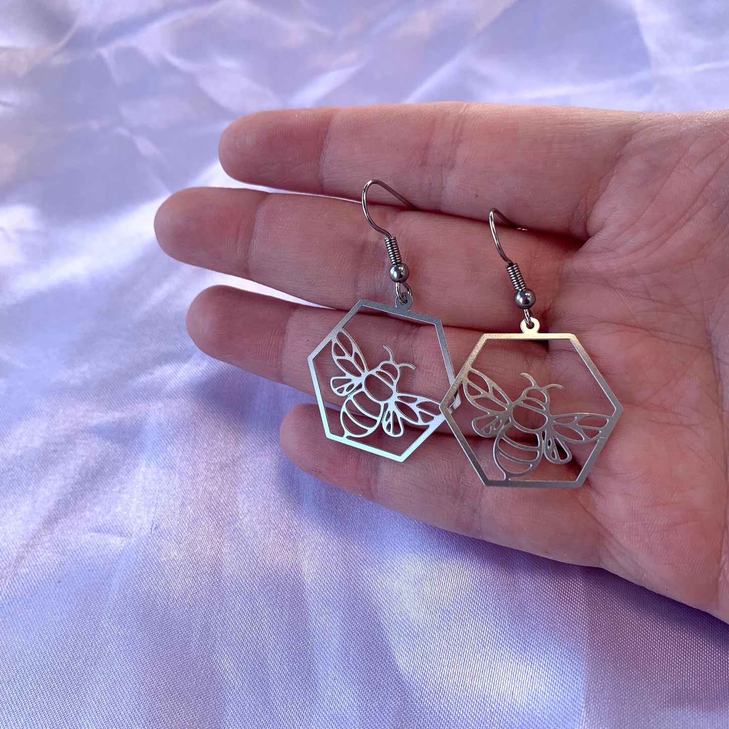 Stainless steel silver hexagon bee earrings