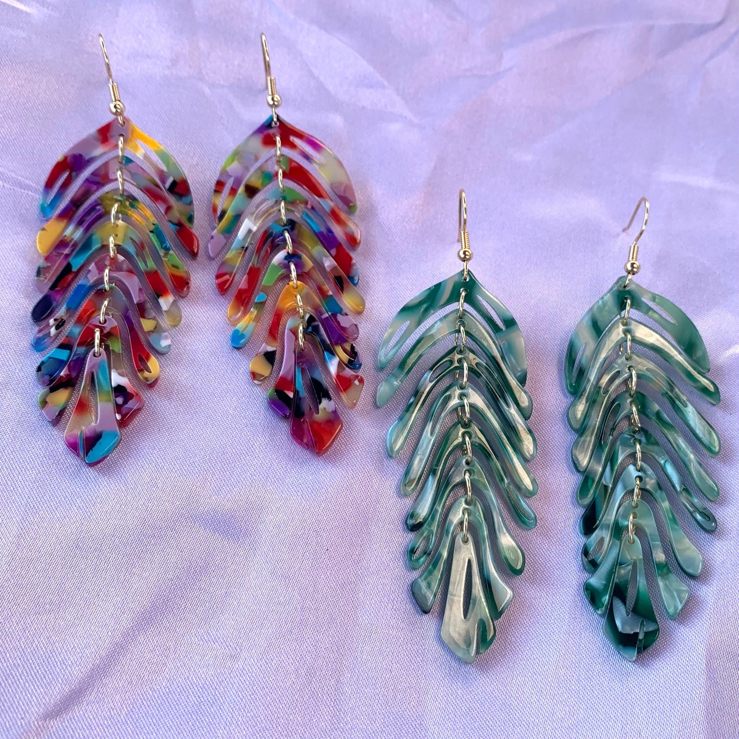 Large rainbow or green  dangle gold leaf earrings