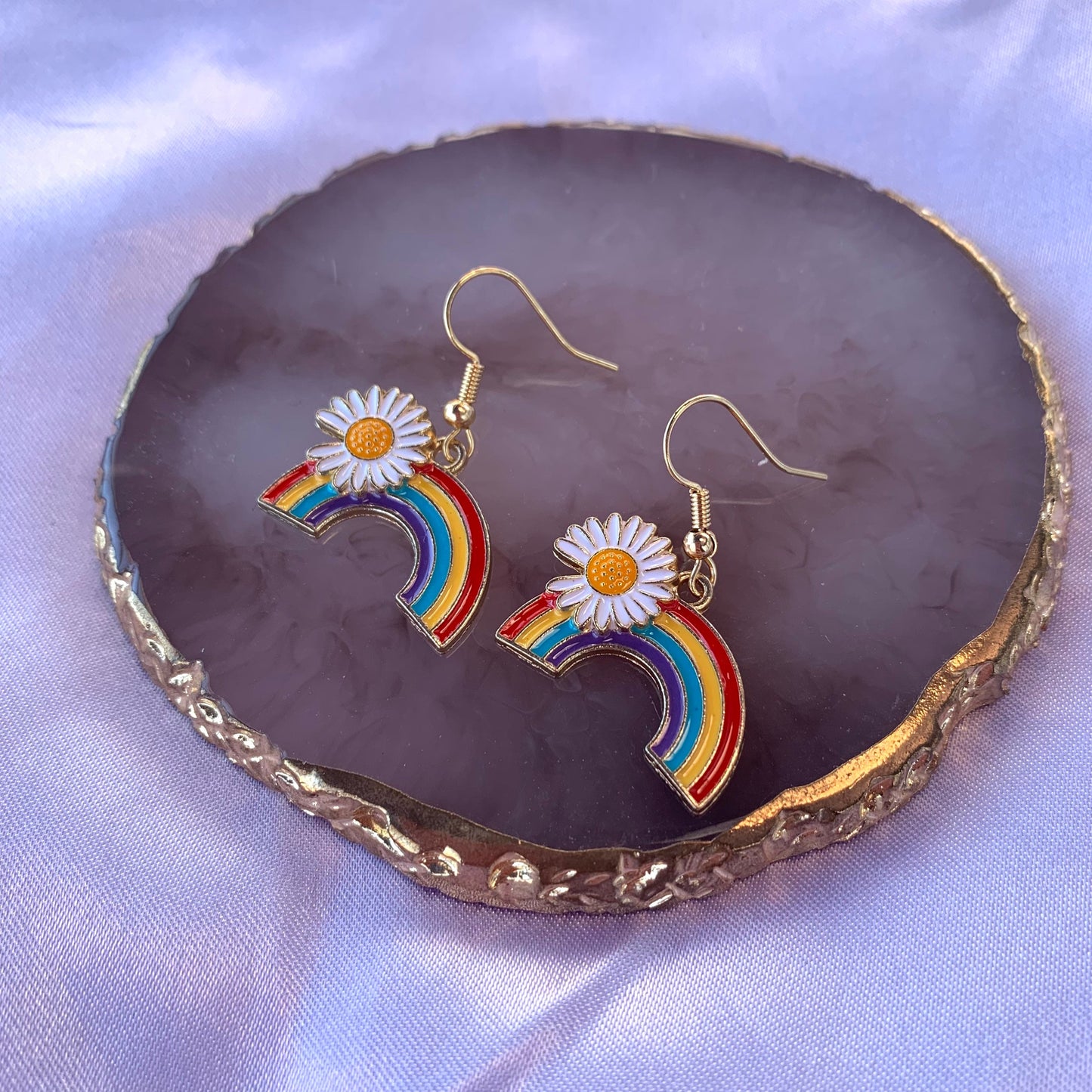 Gold rainbow with daisy flower dangle earrings