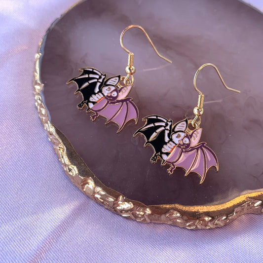 Purple bat gold halloween dangle earrings