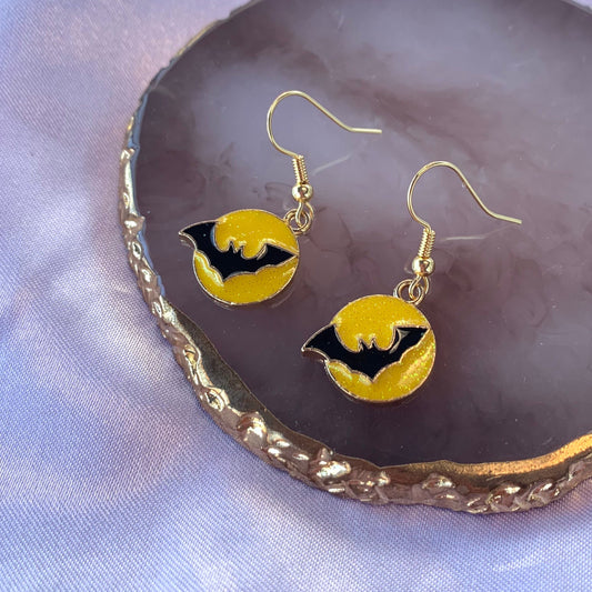 Yellow glitter black bat halloween gold dangle earrings