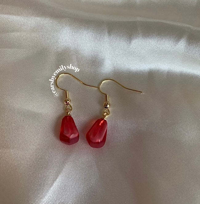 Red pink pomegranate fruit seed gold earrings