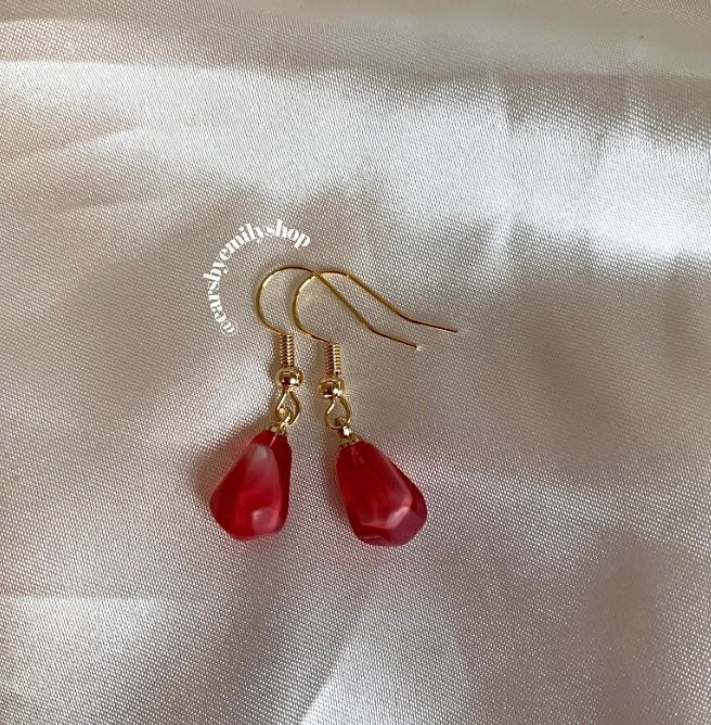 Red pink pomegranate fruit seed gold earrings