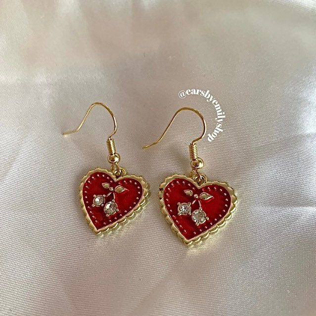 Cherry gold heart earrings in brown, red or white