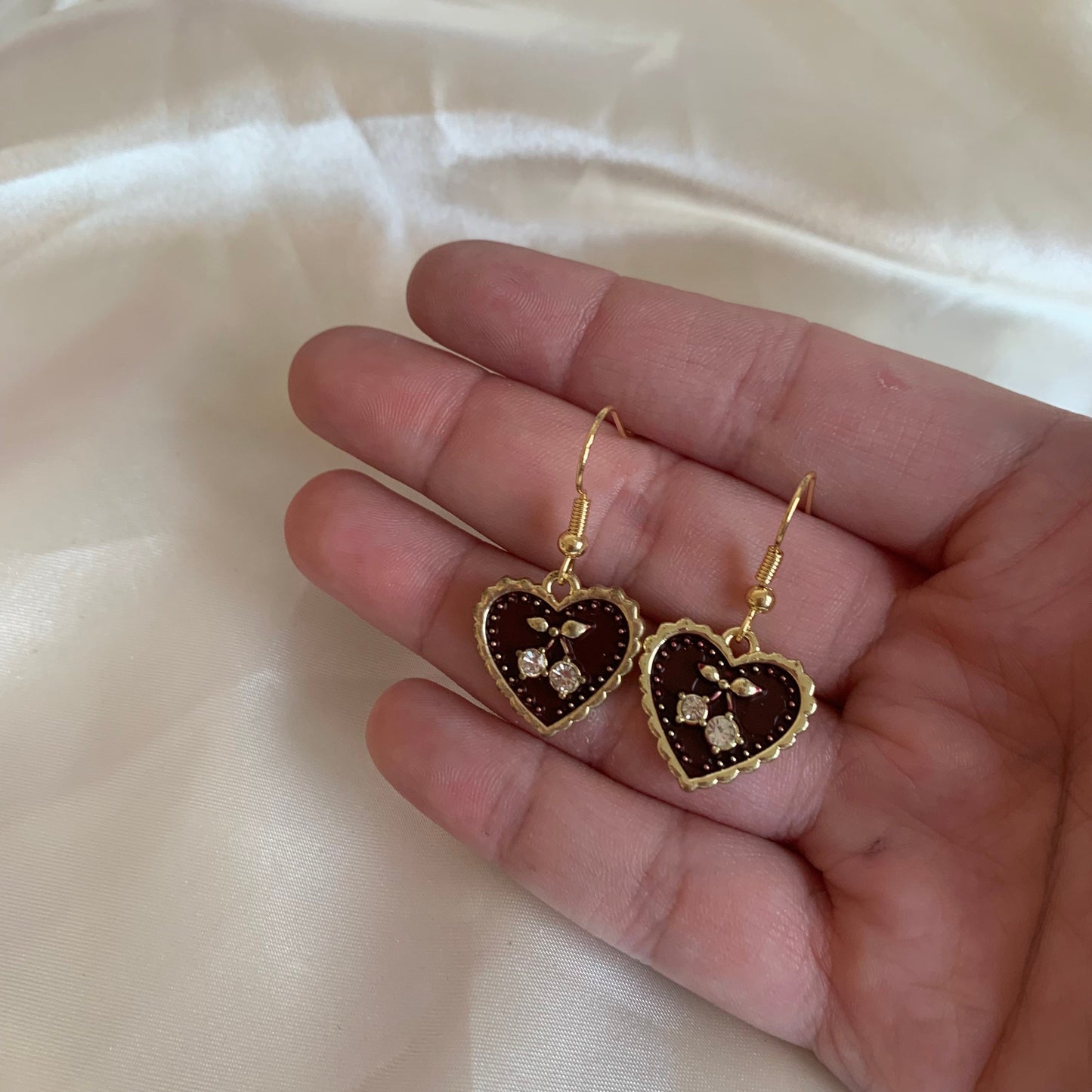 Cherry gold heart earrings in brown, red or white