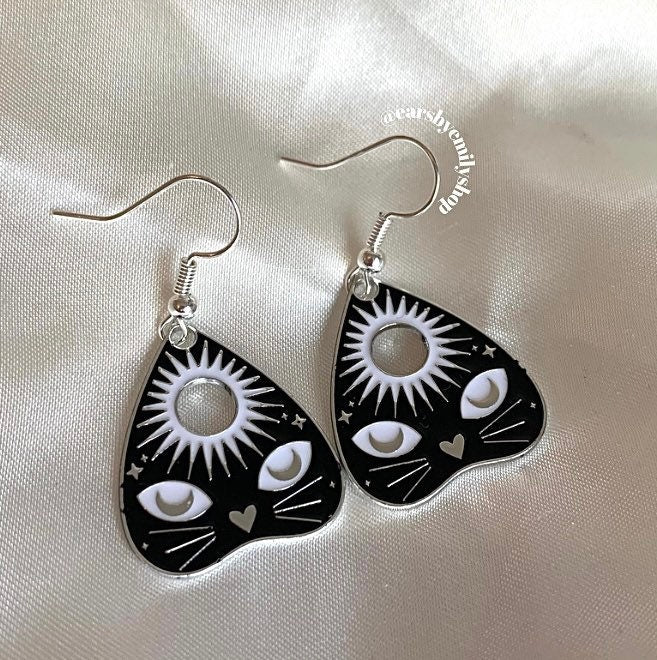 Black cat celestial ouija board silver earrings