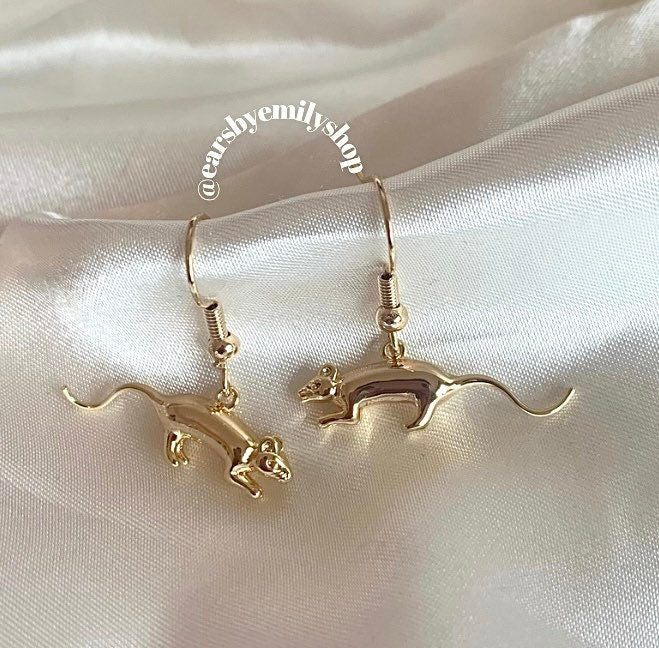 Gold plated mouse/ rat rodent dangle  earrings