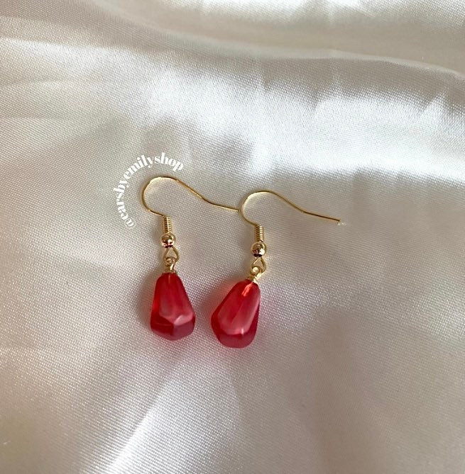 Red pink pomegranate fruit seed gold earrings