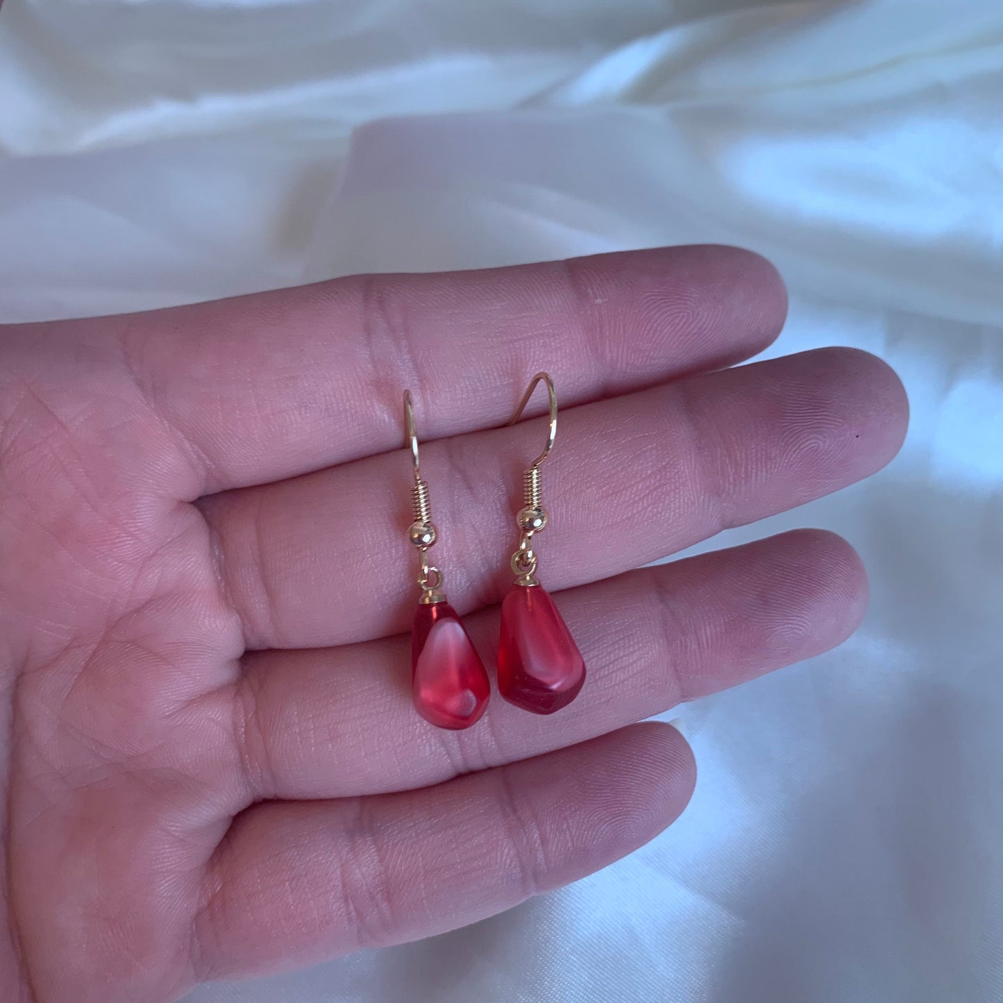 Red pink pomegranate fruit seed gold earrings