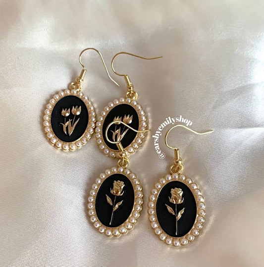 Black and white faux pearl oval rose or tulip flower gold earrings