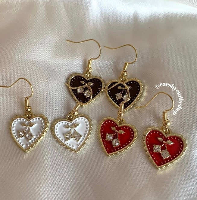 Cherry gold heart earrings in brown, red or white