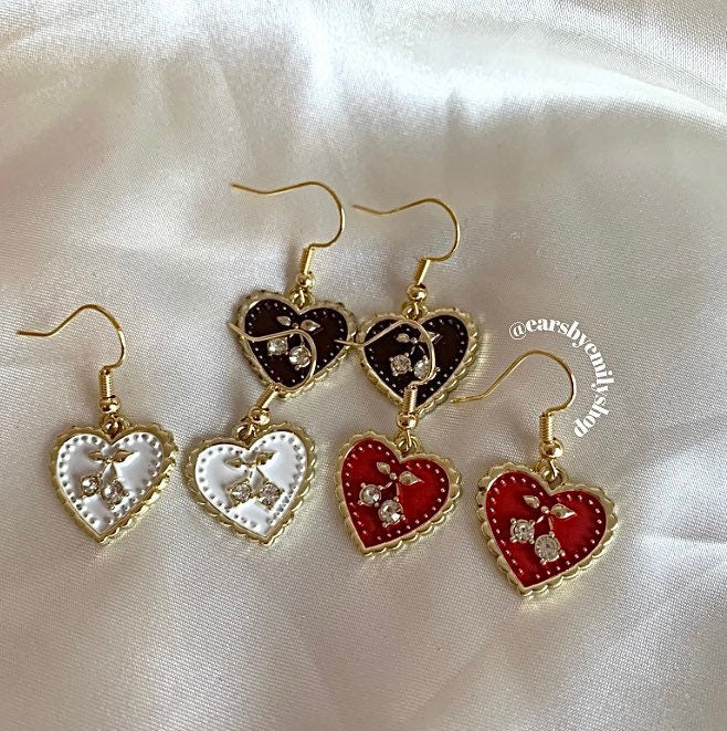 Cherry gold heart earrings in brown, red or white