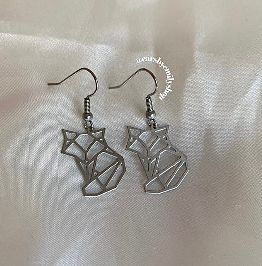 Stainless steel origami fox silver earrings