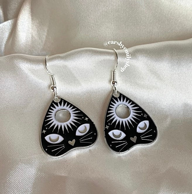 Black cat celestial ouija board silver earrings