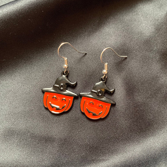 Orange and black pumpkin with witch hat earrings