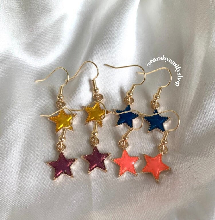 Blue, pink, purple or yellow star gold earrings