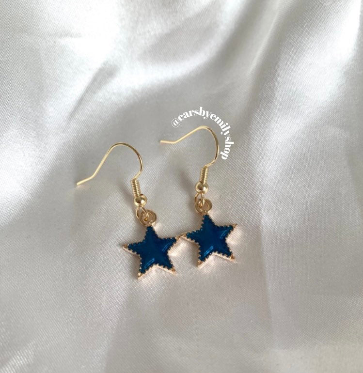 Blue, pink, purple or yellow star gold earrings