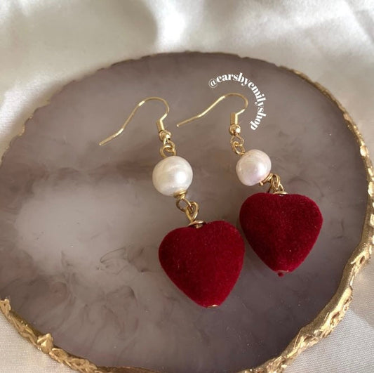 Gold plated red velvet heart and freshwater pearl earrings