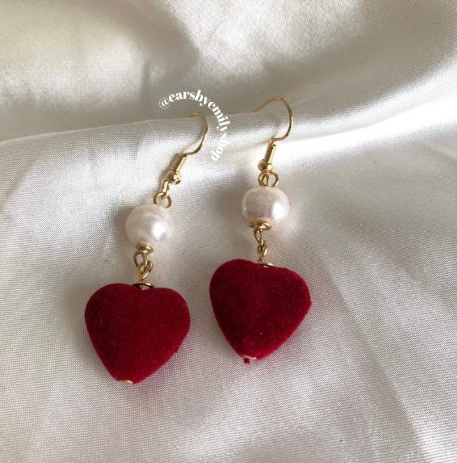 Gold plated red velvet heart and freshwater pearl earrings