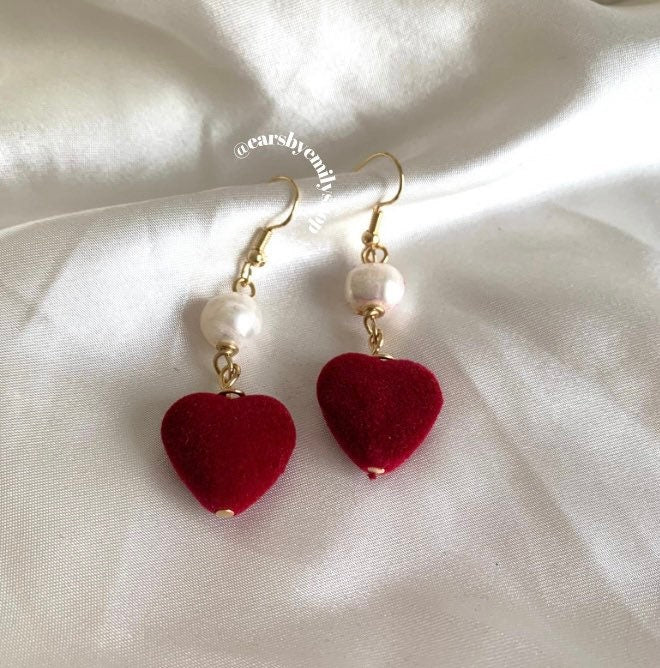 Gold plated red velvet heart and freshwater pearl earrings