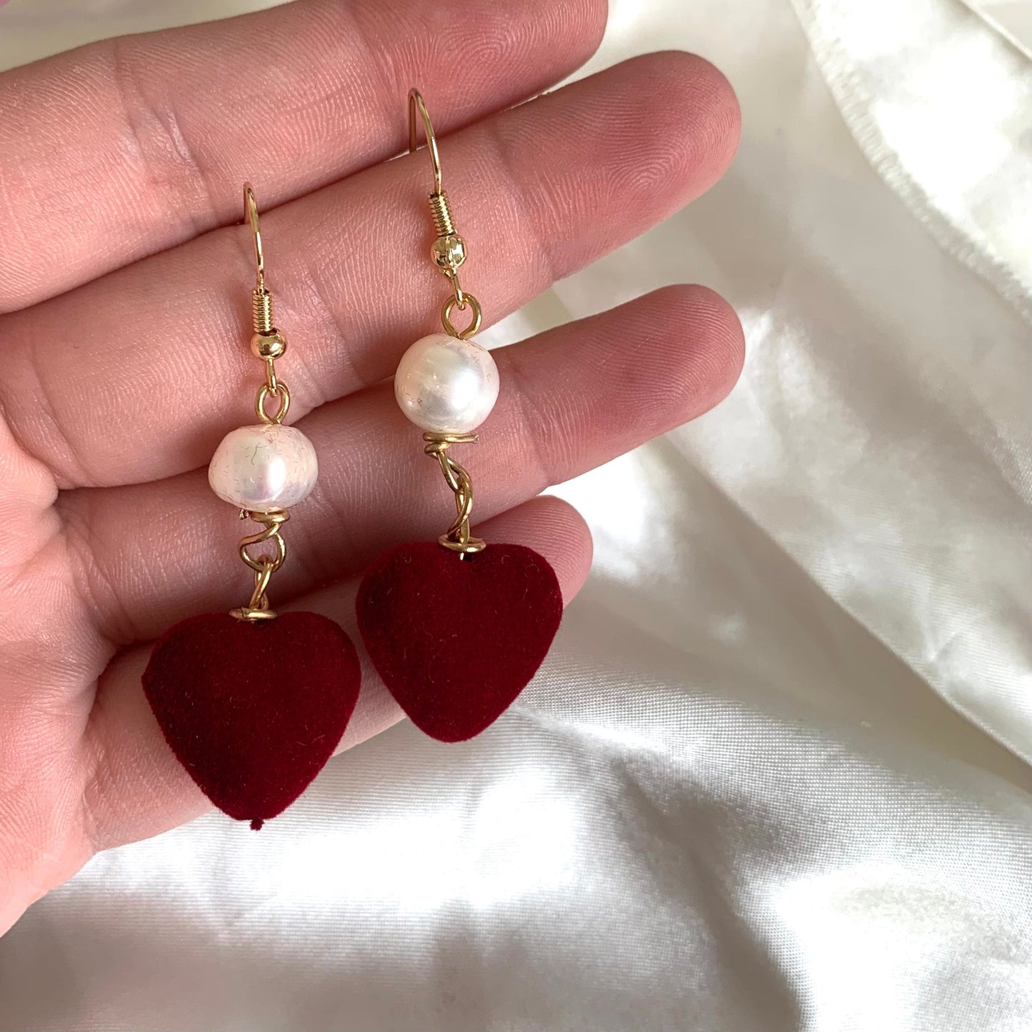 Gold plated red velvet heart and freshwater pearl earrings