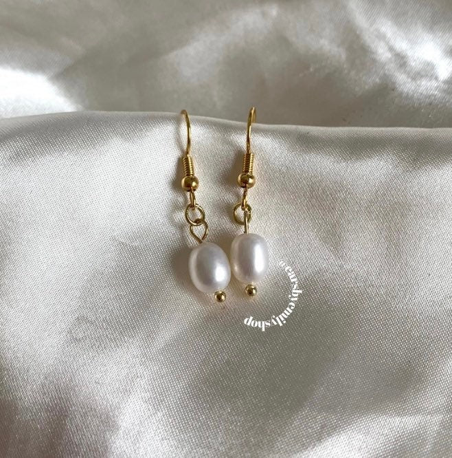 Gold plated fresh water white pearl earrings