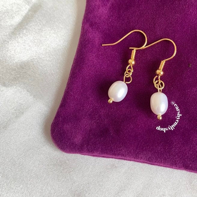 Gold plated fresh water white pearl earrings