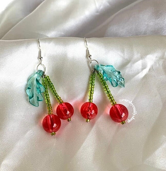 Handmade red and green beaded cherry silver dangle earrings