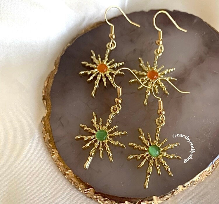 Orange or green gold sun dangle earrings