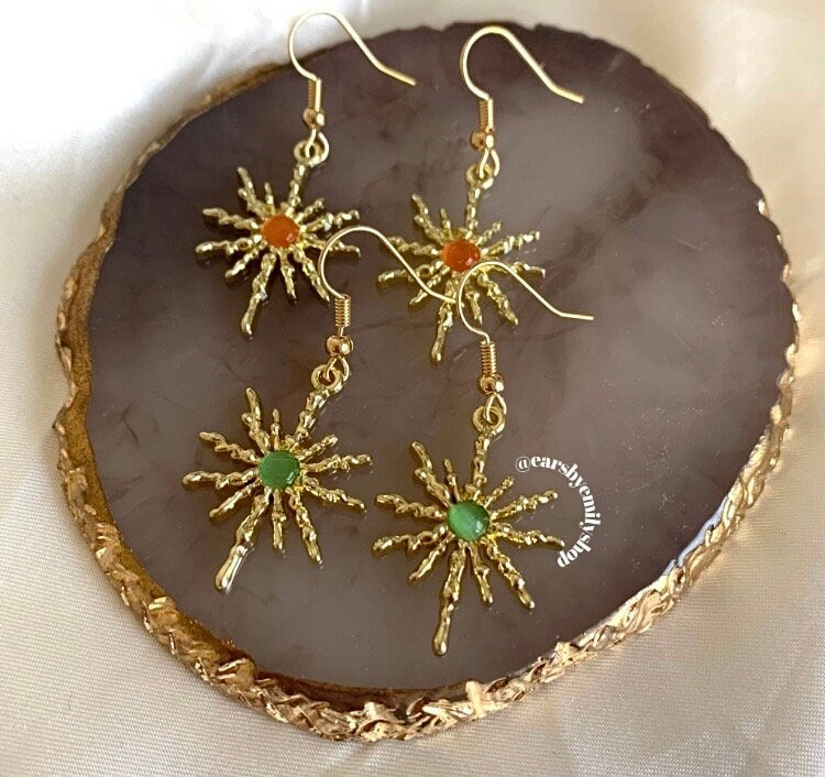 Orange or green gold sun dangle earrings