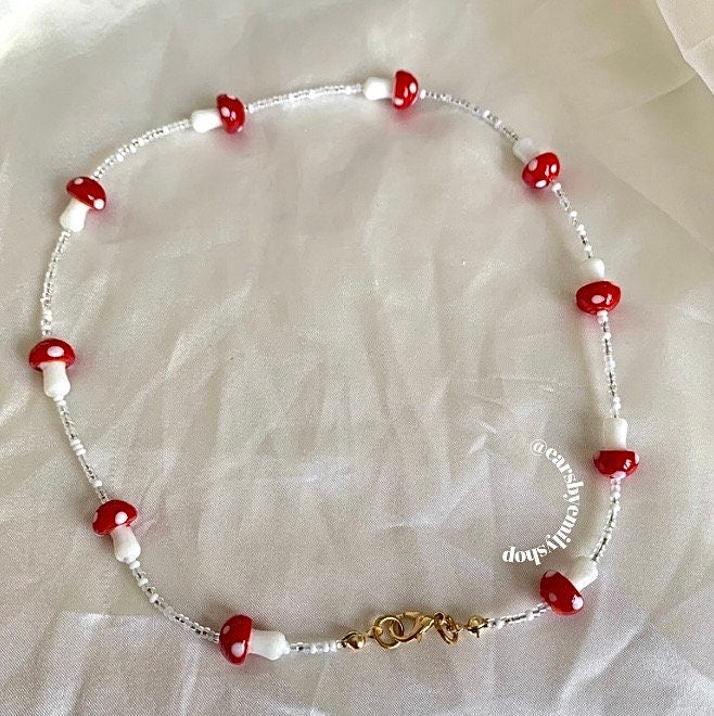 Red and white mushroom beaded necklace with gold